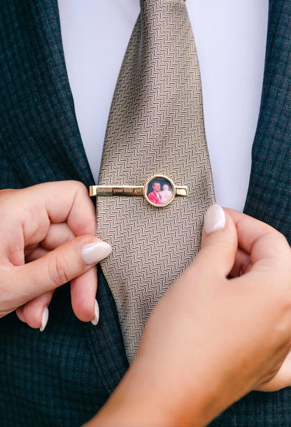 Gold photo tie clip engraved forever your little girl on a herringbone tie