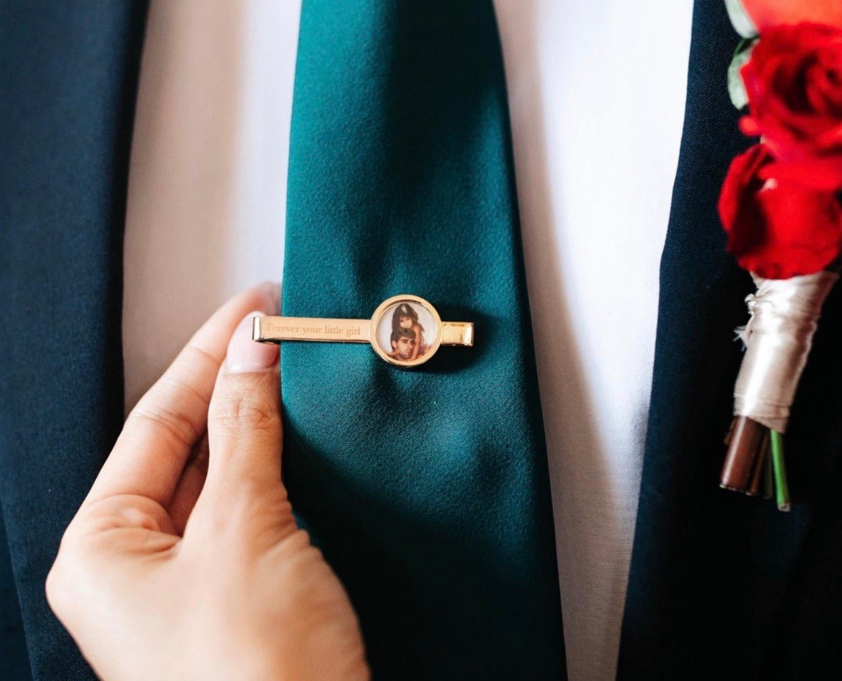 Gold photo tie clip engraved Forever your little girl on a teal wedding tie